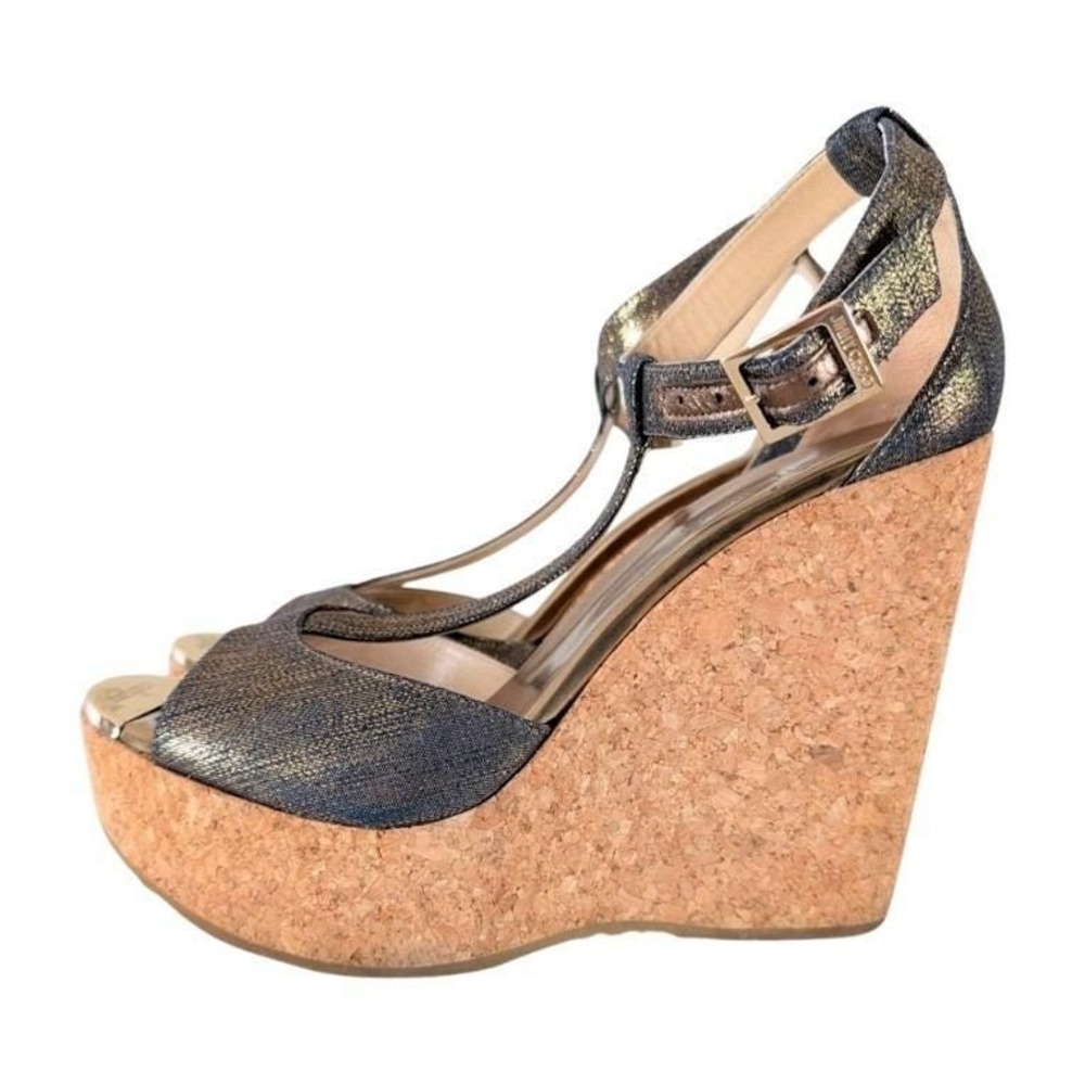 Jimmy Choo Metallic Denim Wedge‎ Sandals Indigo Gold Size 39 - Picture 5 of 9